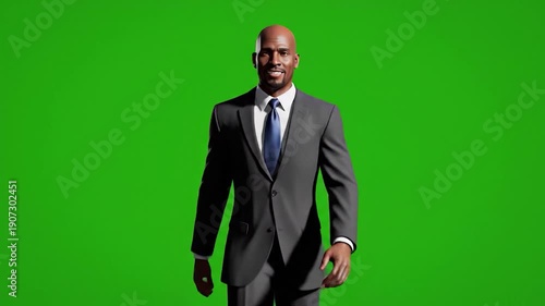 A confident businessman in a suit walks forward on a green screen background.