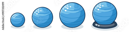 Four blue exercise balls of varying sizes arranged in a row on a white background