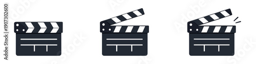 Set of three movie clapper boards in different states of use, isolated on white background