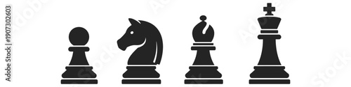 Iconic chess pieces including pawn, knight, bishop, and king in silhouette