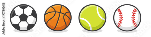 Collection of four distinct sports balls: soccer, basketball, tennis, and baseball
