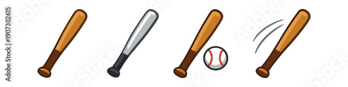 Collection of baseball bats and a baseball, illustrating sports equipment and action