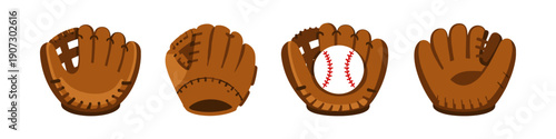 Collection of four baseball gloves and one baseball, isolated on white background