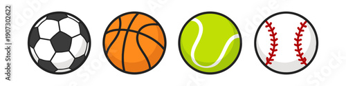 Collection of four popular sports balls: soccer, basketball, tennis, and baseball