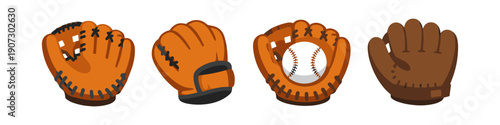 Collection of baseball gloves and a baseball on a white background