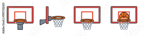 Collection of basketball hoops with nets and backboards, one with a ball