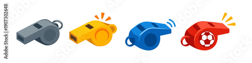 Collection of colorful whistles, including a soccer ball whistle, on white background