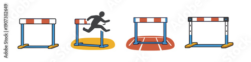 Collection of hurdles and a runner jumping over one on a track