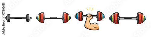 Progressive weightlifting with dumbbells and a flexing arm showing strength gain