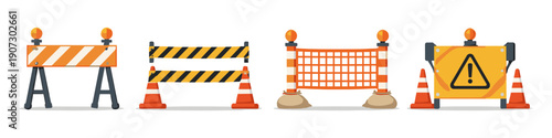 Collection of traffic control barriers and safety cones for road construction and maintenance