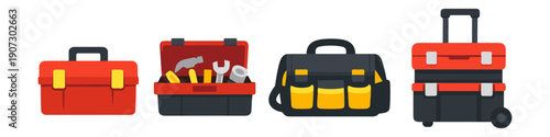 Collection of four different toolboxes and tool bags in various styles and sizes