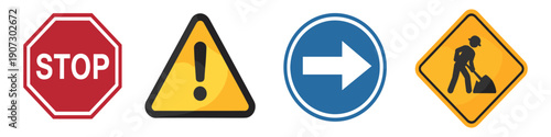 Collection of four distinct traffic and warning signs on a white background