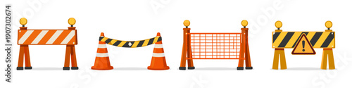 Set of construction barriers and traffic cones for road safety and access control