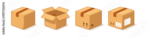 Set of four isometric cardboard boxes showing different states of packaging and shipping