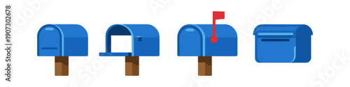 Collection of blue mailboxes in different states of openness and design