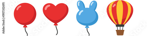 Collection of colorful balloons and a hot air balloon on a white background
