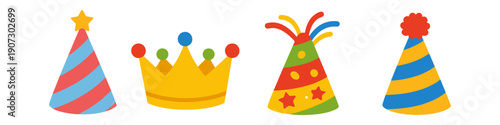 Collection of colorful party hats and a golden crown on a white background