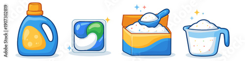 Collection of laundry detergent products including liquid, pod, powder box, and measuring cup