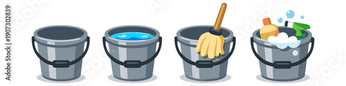 Four buckets showing the progression of cleaning from empty to full of supplies