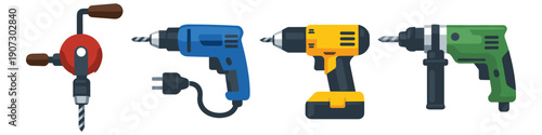 Collection of various types of drills, from manual to modern power tools