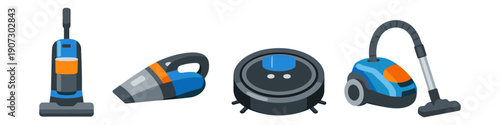 Collection of different types of vacuum cleaners including upright, handheld, robot, and canister models