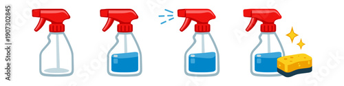 Cleaning spray bottle sequence showing empty, full, spraying, and sparkling clean with sponge