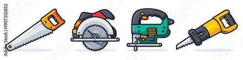 Collection of four cartoon-style power saws and hand saw for woodworking projects