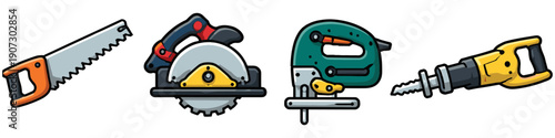 Collection of four cartoon-style power tools and hand saw for construction and DIY projects