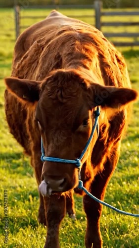 A brown domestic cow wearing a blue halter stands in a sunlit green pasture