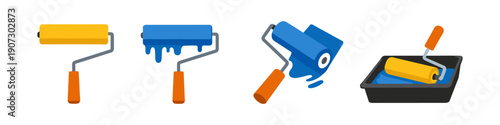 Collection of four paint rollers with blue and yellow colors, some dripping paint