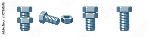 Collection of various metal bolts and nuts, isolated on white background