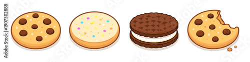 Assortment of four delicious cartoon cookies on a white background