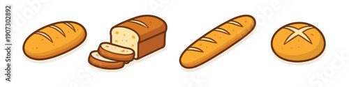 Collection of cartoon-style baked bread loaves and rolls on a white background