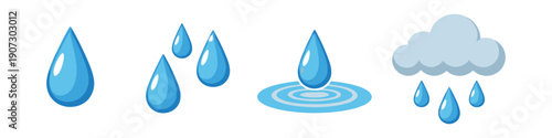 Collection of cartoon water drops and a rain cloud, representing weather and liquid elements