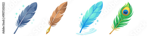 Collection of four colorful quill pens and feathers with sparkling effects