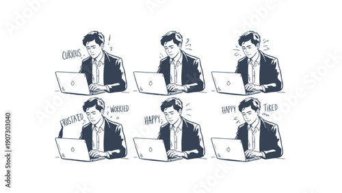 Businessman with Headphones Experiencing Various Emotions while Working on Laptop