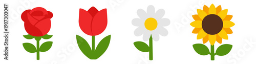 Collection of four stylized flowers including rose, tulip, daisy, and sunflower