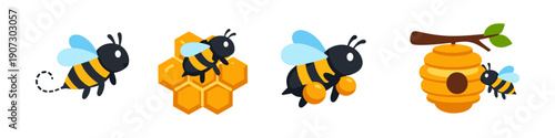 Cute cartoon bees in various actions: flying, collecting pollen, and near a beehive