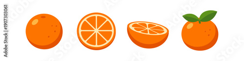 Collection of whole and sliced oranges with leaves on a white background