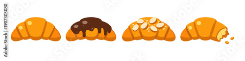 Collection of four delicious croissants with different toppings and one bitten