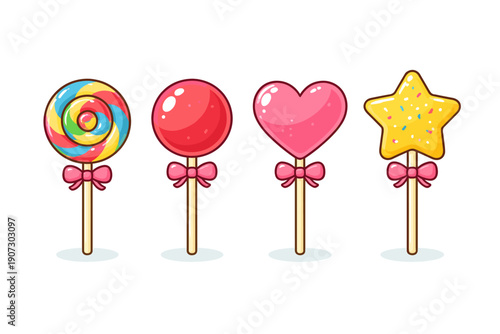 Collection of four colorful and decorative lollipops on sticks with bows