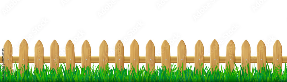 Fototapeta premium Wooden picket fence and green spring grass isolated on white background. Seamless border with boundary barrier for rustic house garden, park or farm and green lawn, vector illustration
