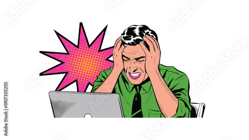 Frustrated Businessman with Hands on Head in Front of Laptop