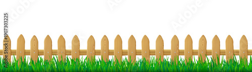Wooden picket fence and green spring grass isolated on white background. Seamless border with boundary barrier for rustic house garden, park or farm and green lawn, vector illustration