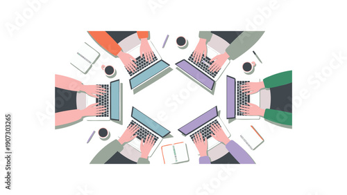 People Working on Laptops in Circle Formation Illustration