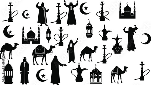 Islamic Culture Silhouette Set Featuring Arabic People Camels Mosques Lanterns Hookahs and Crescent Moons for Ramadan Kareem Eid Mubarak and Middle East Tourism
