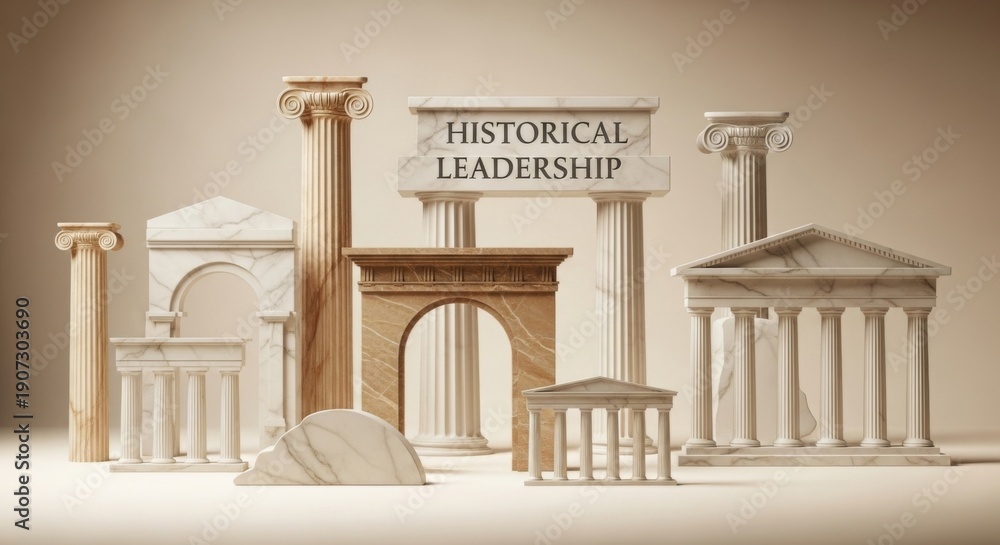 Fototapeta premium Ancient greek architectural elements symbolizing historical leadership and legacy featuring marble columns pediments and arches under soft studio lighting with a warm neutral