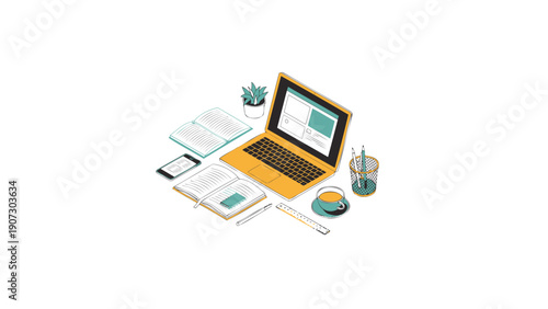 Yellow Laptop Surrounded by Office Supplies on White Desk