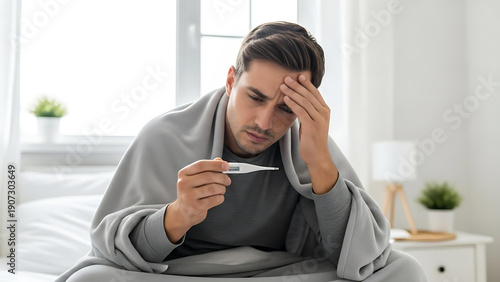 Worried Man Checking Thermometer While Feeling Sick in Bed