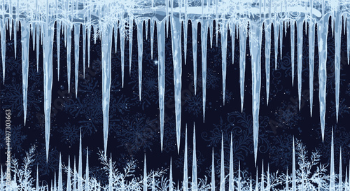 Border of sharp blue icicles hangs dramatically against a dark winter night background design
